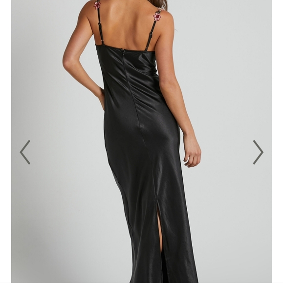 Dress ~ Black Satin Maxi Dress with Floral Detail Cup/Bust Sweetheart neck-line - Picture 6 of 15